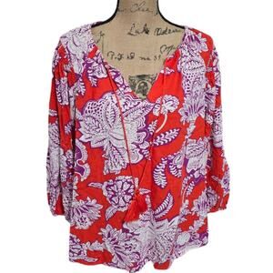 Calligraphie Red Orange and Purple Floral Linen Boho Peasant Blouse‎ Plus Size